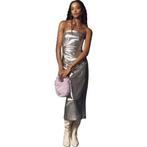 Anthropologie The Soleil Strapless Ruched Silver Metallic Dress NWT Size XS